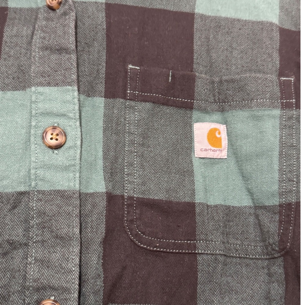 Carhartt Rugged Flex Flannel Shirt Womens XL Green Black Buffalo Plaid Loose‎ - Picture 3 of 5